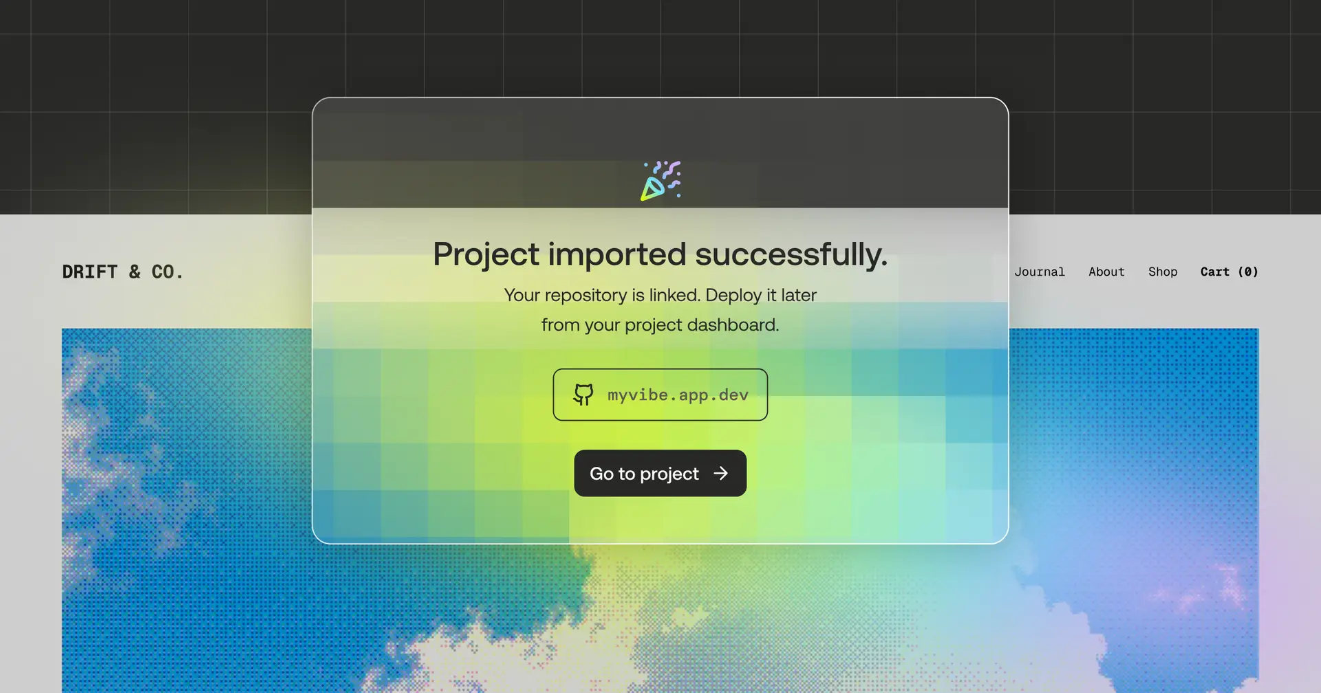 Sticklight Cloud project import confirmation over a colorful website preview